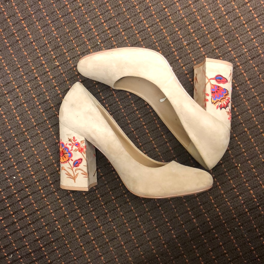 Restricted Nude Floral Embroidery Block Heels 9.5